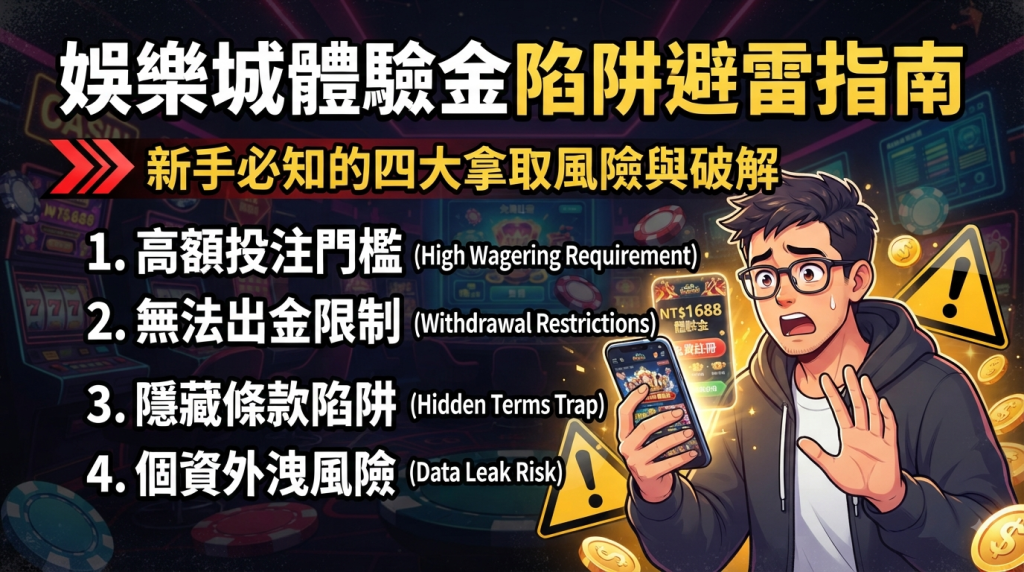 採用醒目的繁體中文標題與警示圖標。 畫面右側呈現新手面對各項拿取風險與破解時的驚訝表情，左側則條列四大陷阱重點，整體風格專業且具吸引力。採用醒目的繁體中文標題與警示圖標。 畫面右側呈現新手面對各項拿取風險與破解時的驚訝表情，左側則條列四大陷阱重點，整體風格專業且具吸引力。