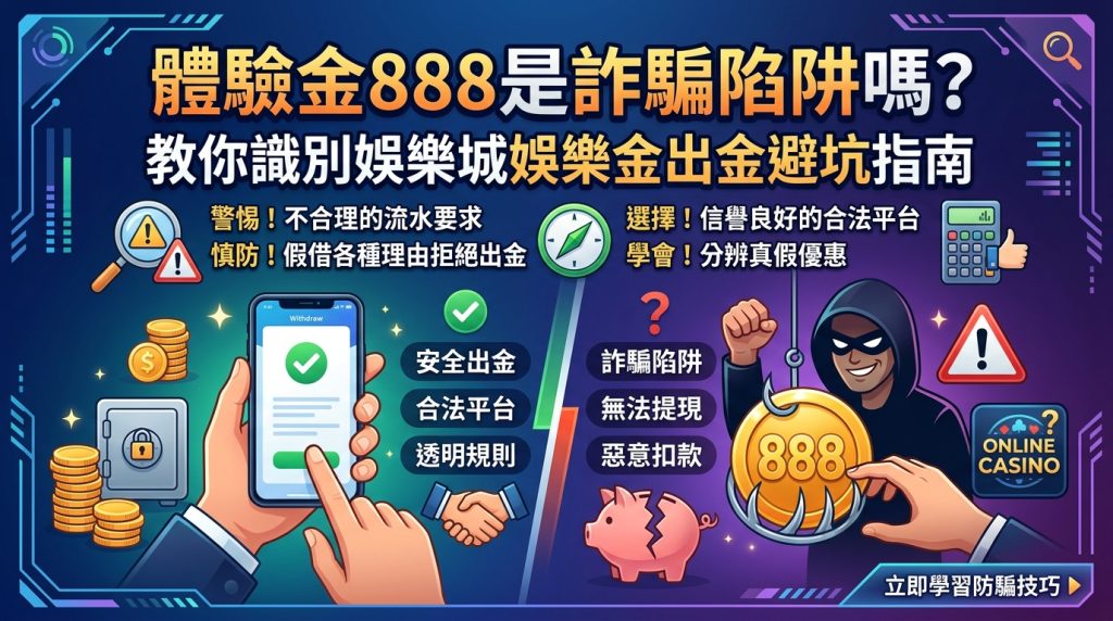 這張圖是一張 16:9 的 SEO 文章封面，畫面對比安全出金平台與詐騙陷阱。 上方以醒目的繁體字標示主標題：「體驗金888是詐騙陷阱嗎？教你識別娛樂城娛樂金出金避坑指南」。
