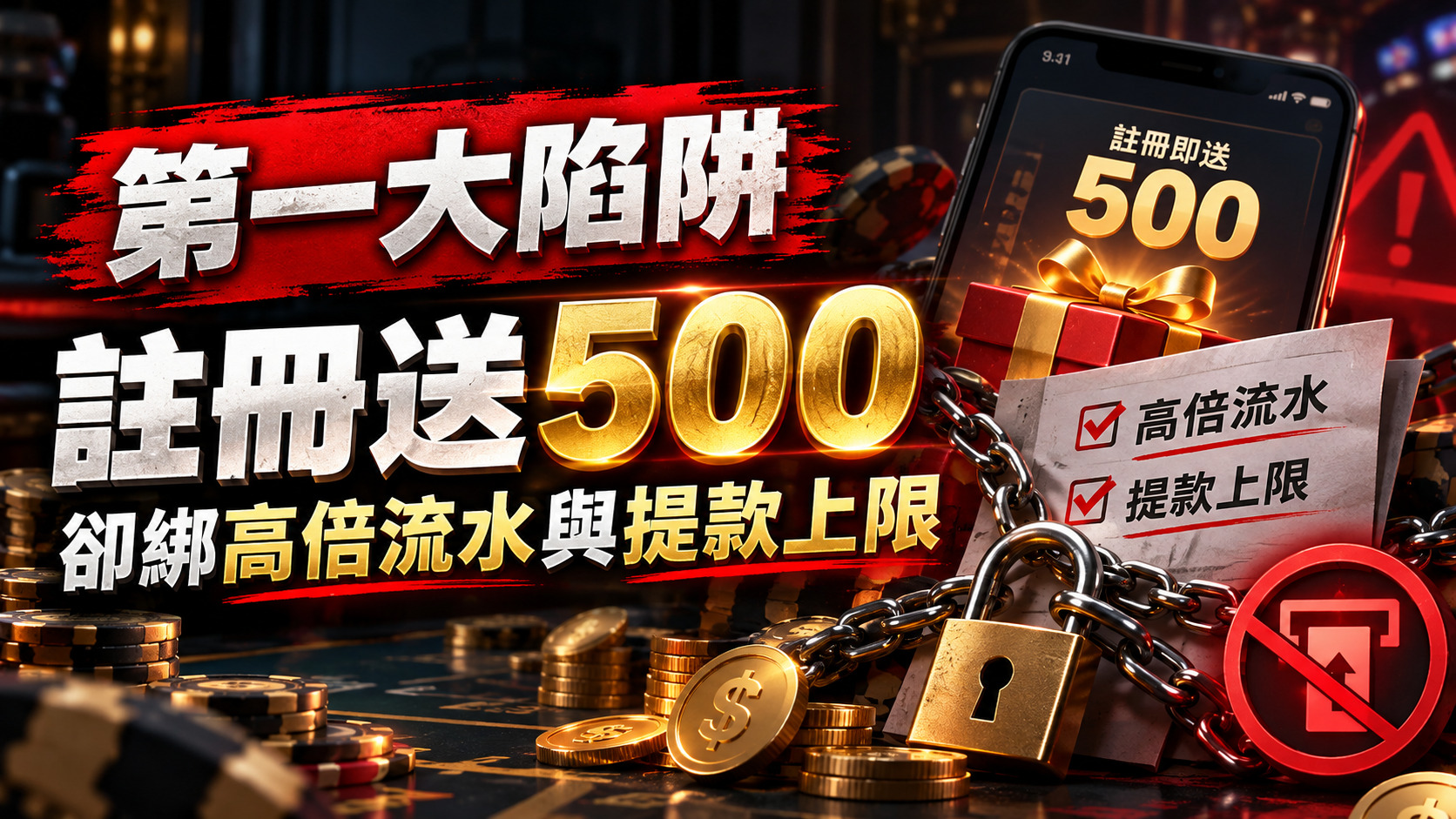 第一大陷阱：註冊送500卻綁高倍流水與提款上限
